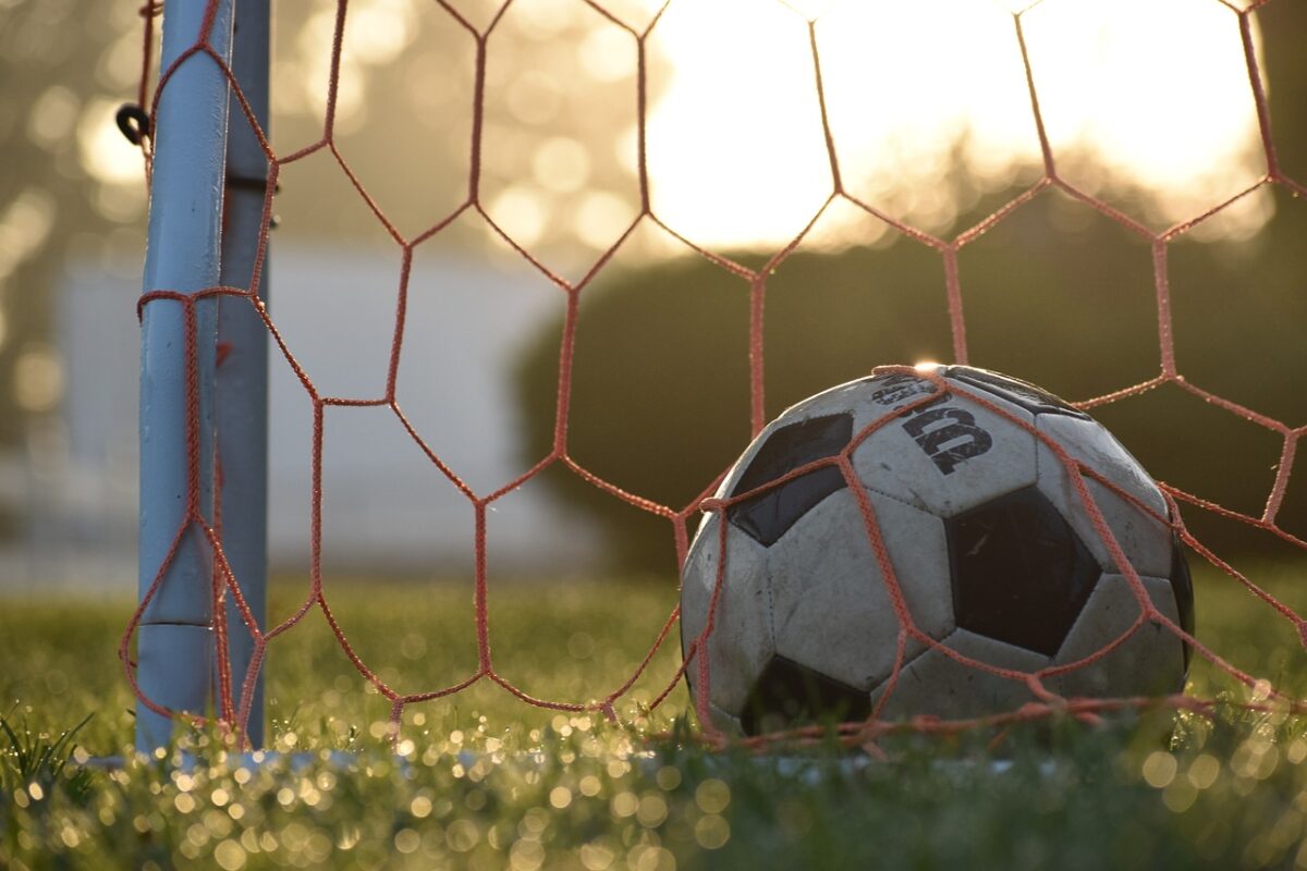 A portable soccer goal set up on grass
